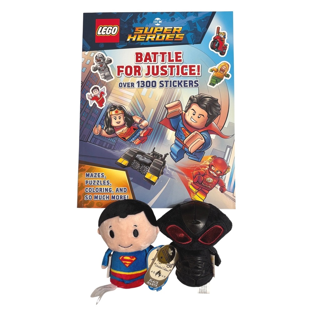 SUPERMAN & BLACK MANTA Itty Bittys Plush NWT + BATTLE FOR JUSTICE Sticker Book